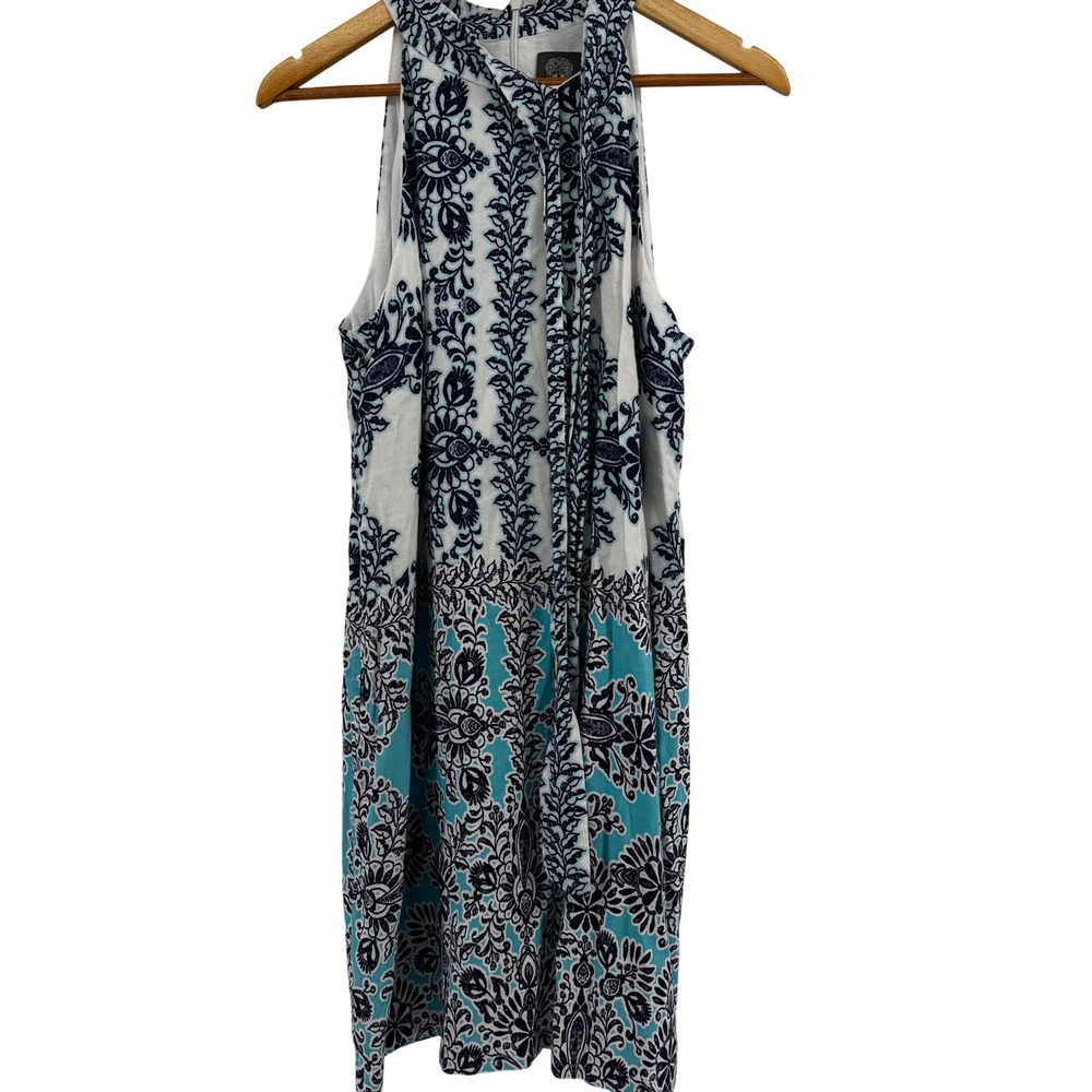 Vince Camuto Blue White Floral Damask Linen Blend Shift Dress Size 12 Sleeveless